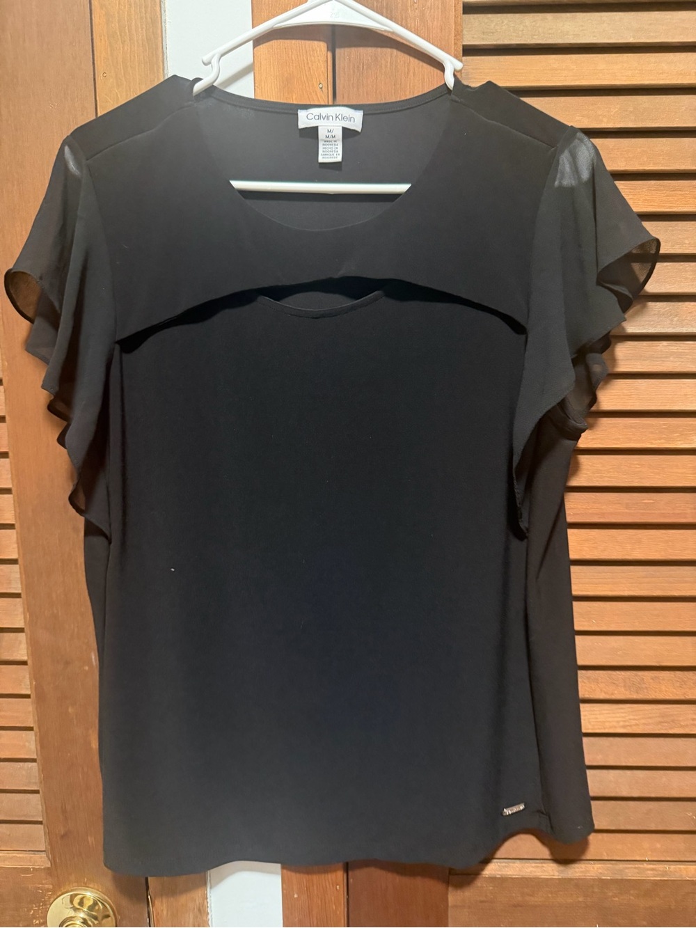 Calvin Klein Black Ruffle Sleeve Sheer Yoke Blouse